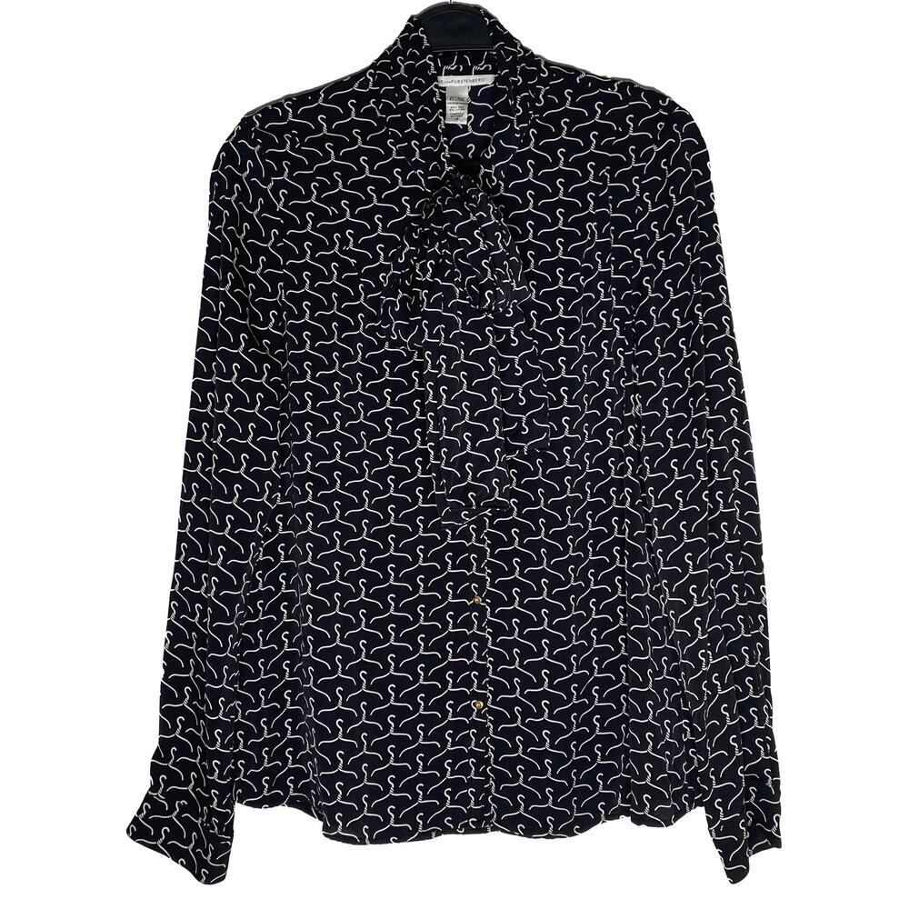 Diane Von Furstenberg Women's Tie Collar Silk Blouse Hanger Print Long Sleeve